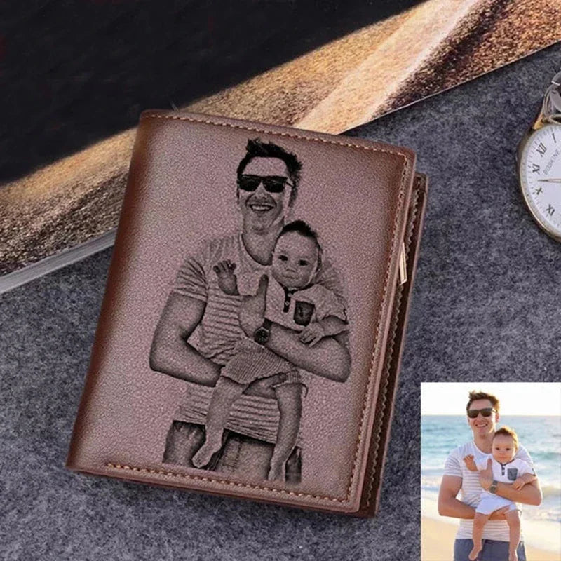 Brown bifold wallet with custom photo engraving of a father holding a baby