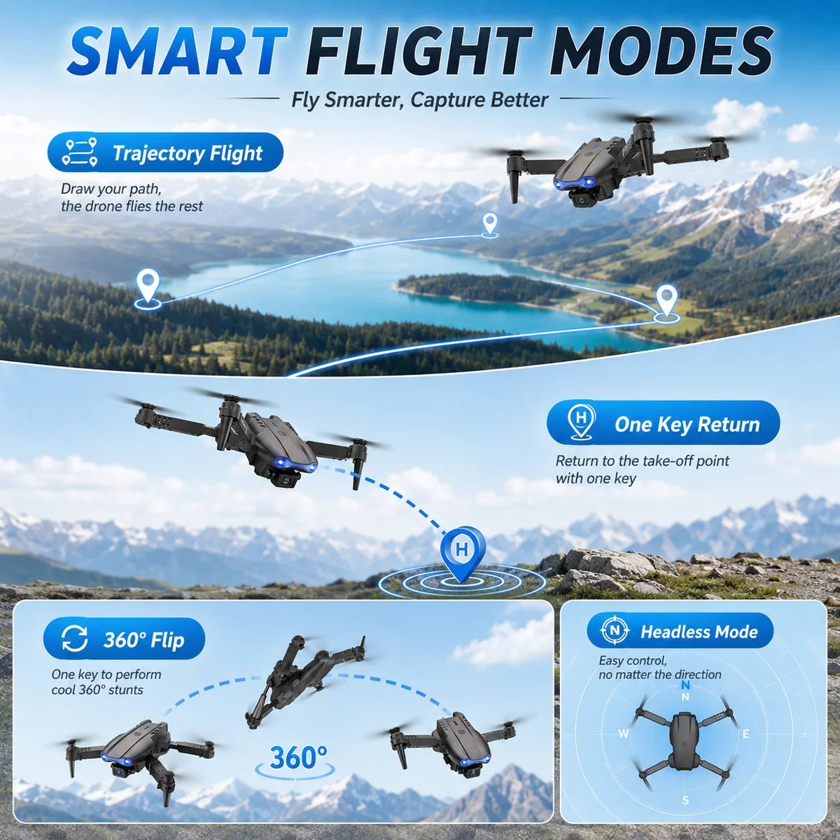 Foldable drone with camera showing flight modes, trajectory flight, return, flip, and headless mode diagrams.