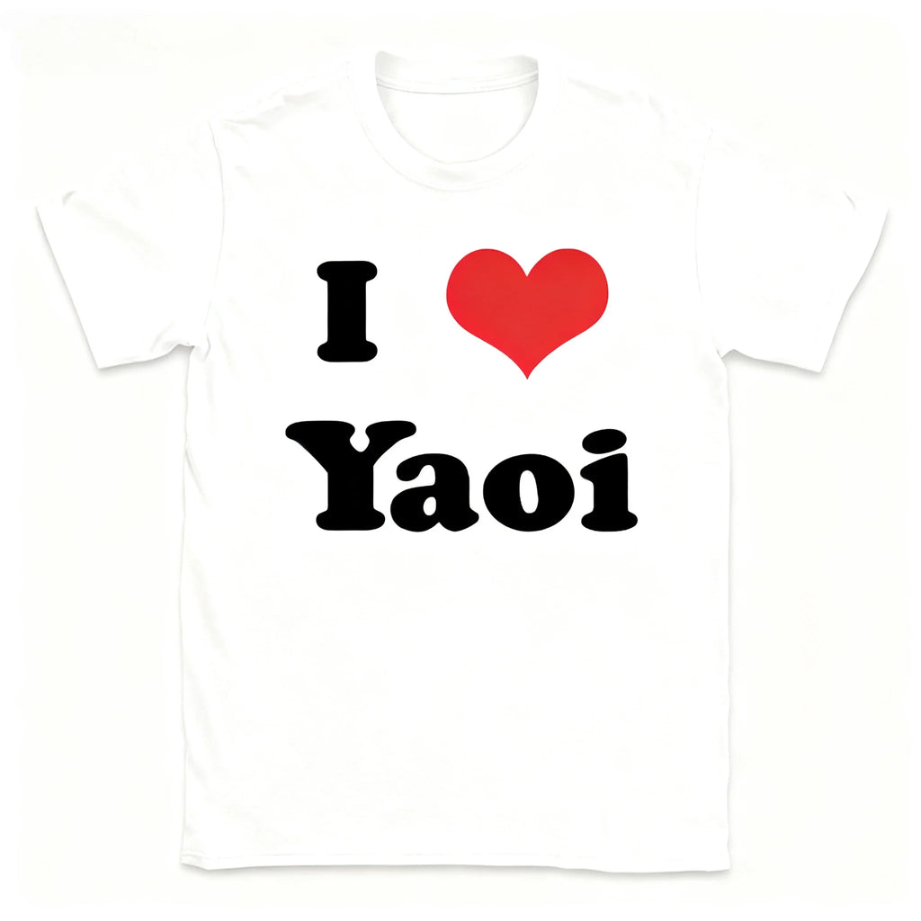 White short sleeve t-shirt with I love Yaoi text and a red heart graphic print on the chest