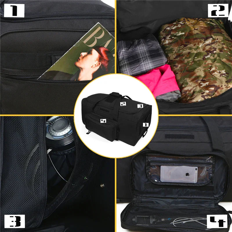 Internal storage compartments and pockets of a black rolling tactical duffel bag