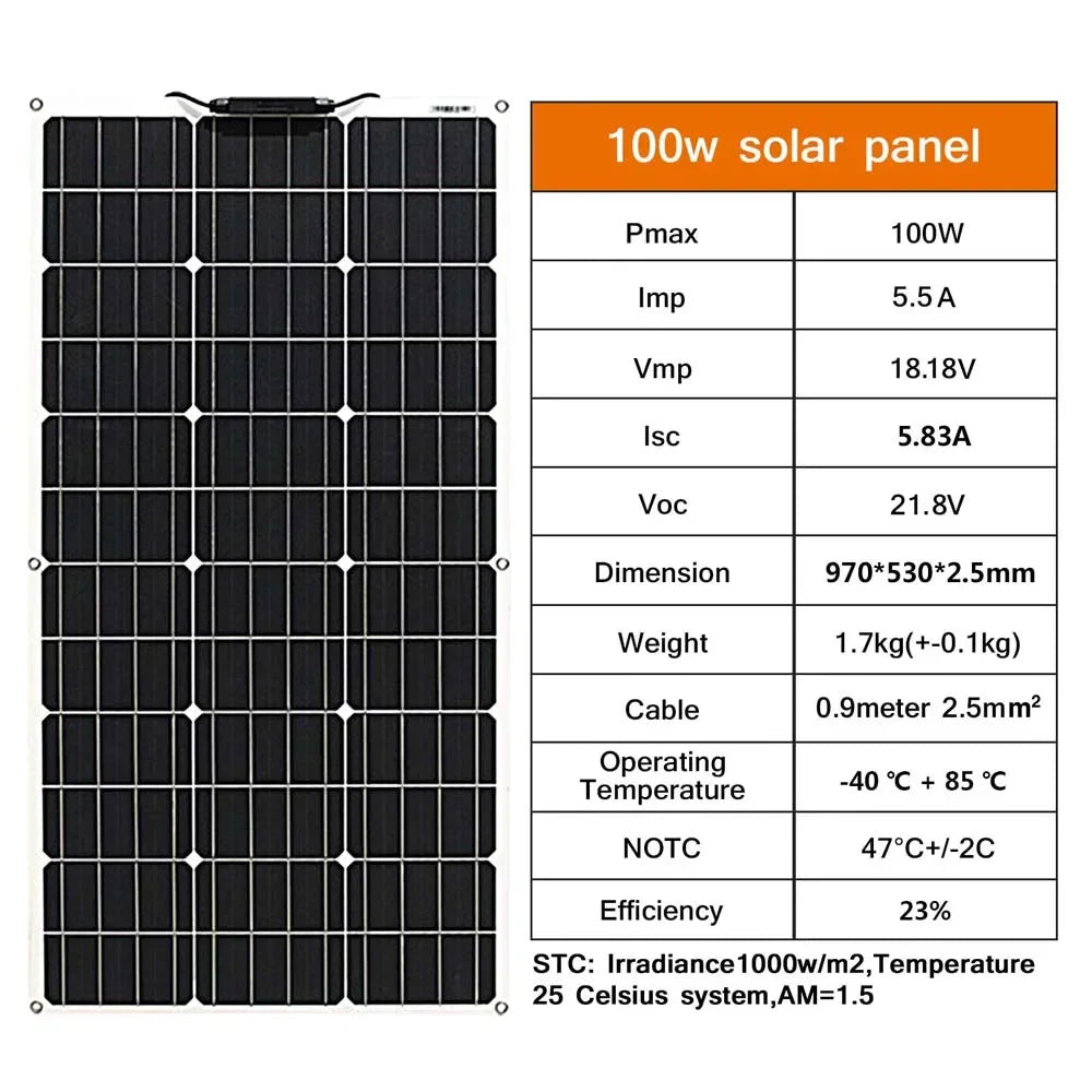 100W flexible monocrystalline solar panel with technical specifications table