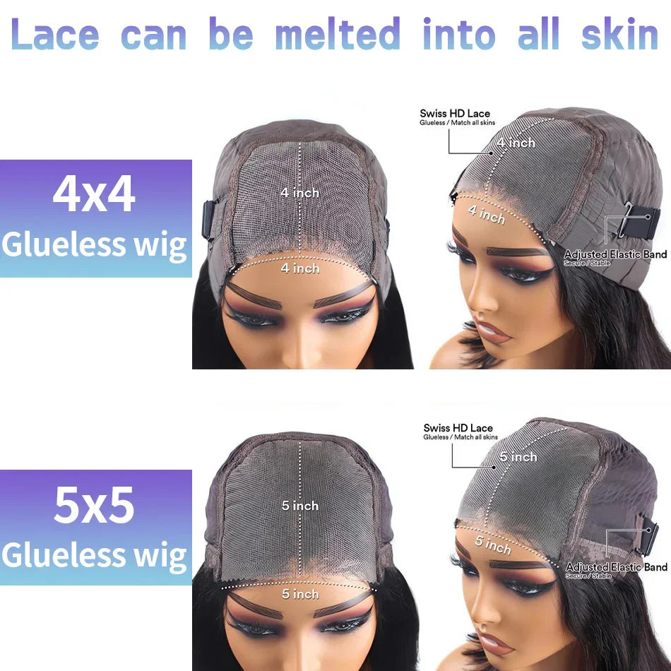 Diagram showing the difference between 4x4 and 5x5 lace closure wig construction