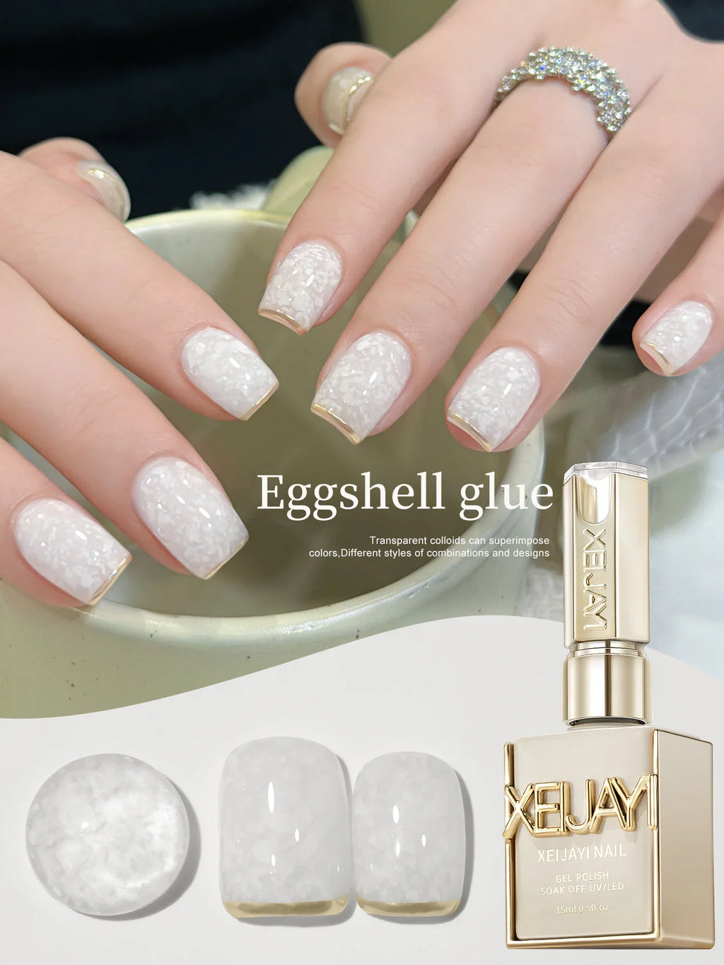 Bottle of white eggshell gel nail polish next to nails painted with the product