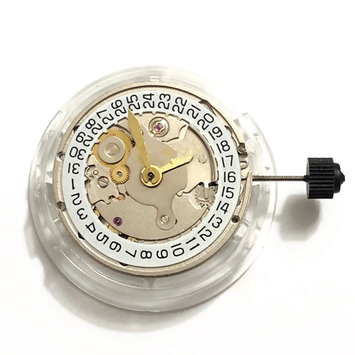 Gold automatic mechanical watch movement replacement part with date wheel.