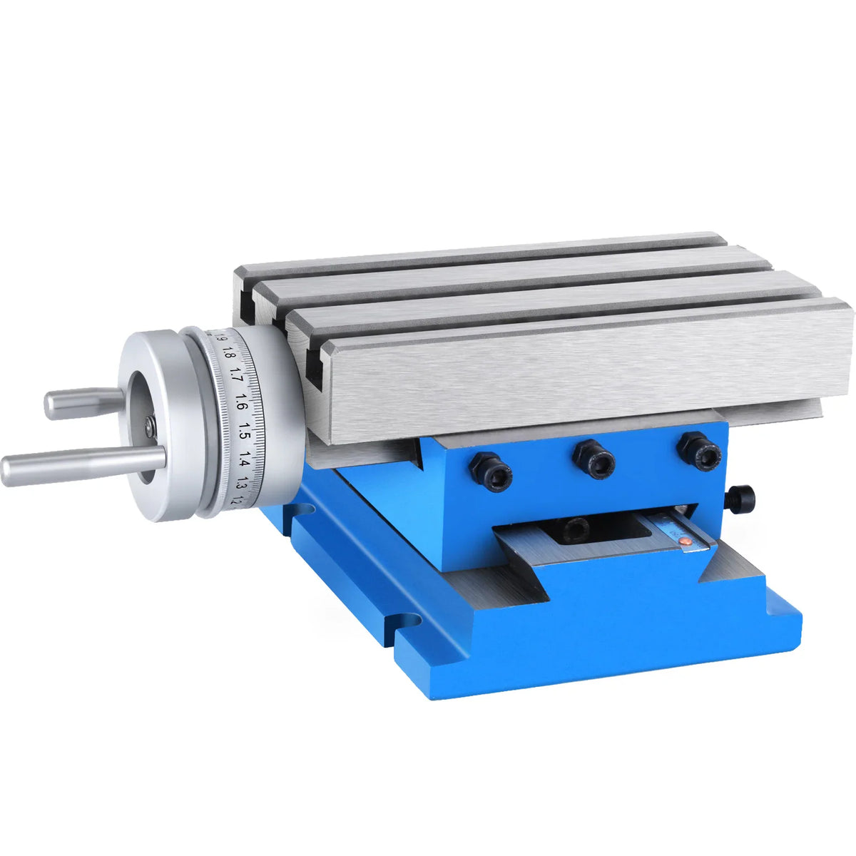A metal compound milling table with blue base and silver top, featuring adjustment handwheels.