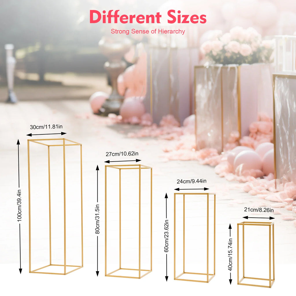 Four gold metal rectangular flower stands shown with height measurements in centimeters and inches