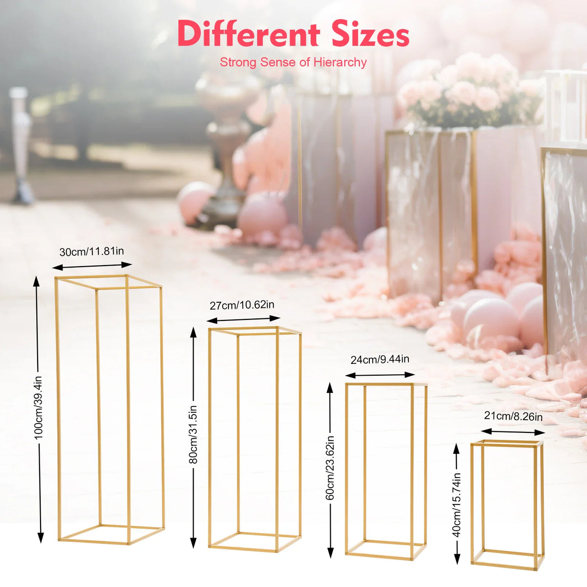 Four gold metal rectangular flower stands shown with height measurements in centimeters and inches