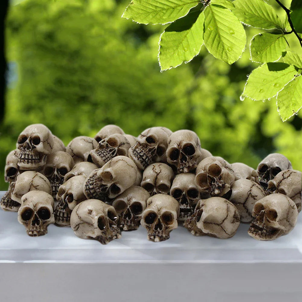 Miniature skull figurines arranged on a surface with a blurred green outdoor background