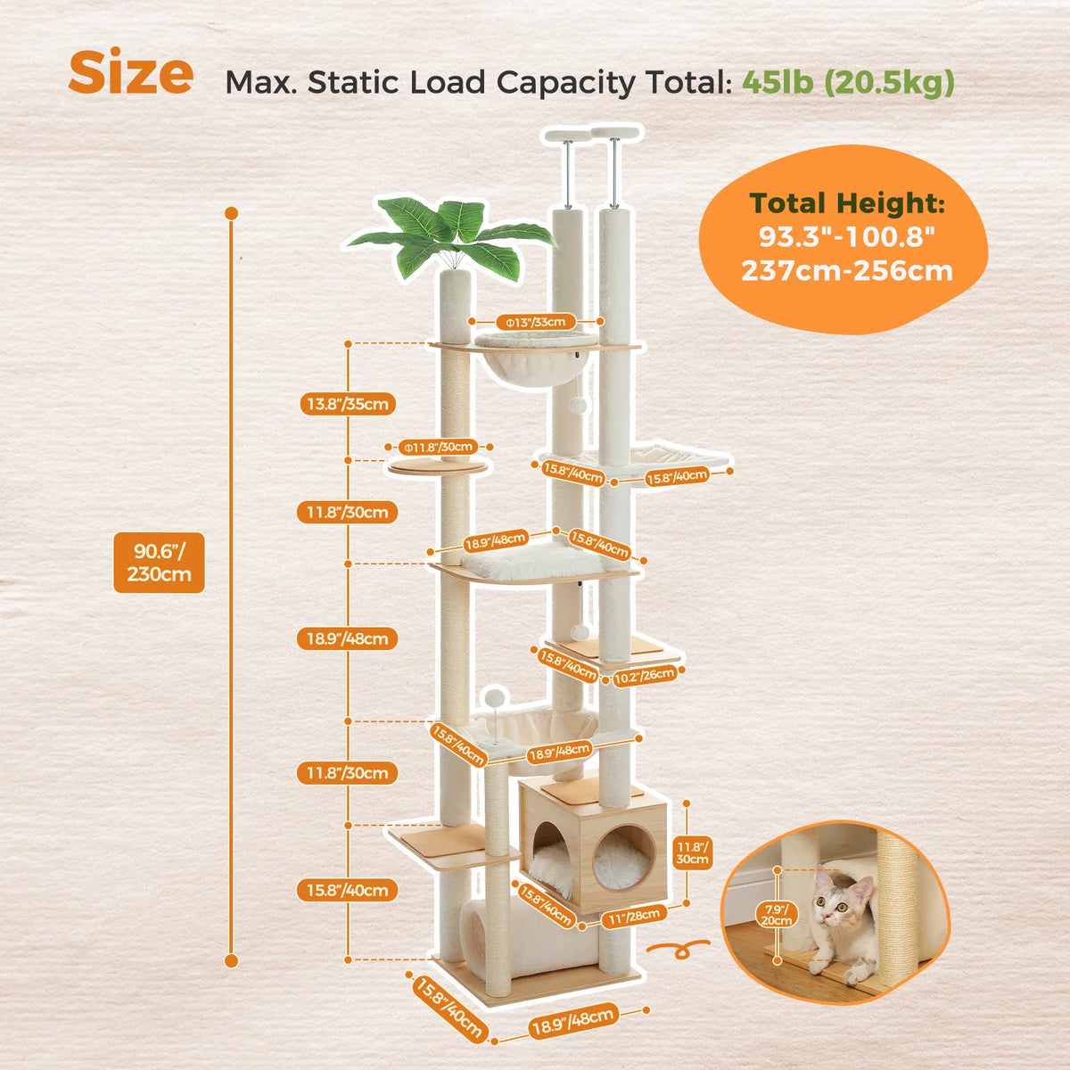 Detailed technical drawing of a cat tree showing dimensions and measurements for each platform and post.