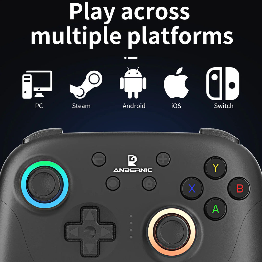 Black wireless gaming controller with compatibility icons for PC, Steam, Android, iOS, and Switch
