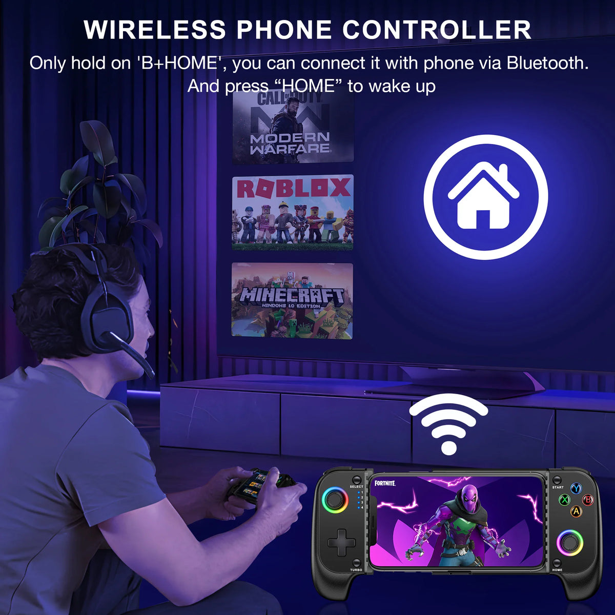 A wireless phone controller being used by a gamer in a dark room with a TV screen showing games.