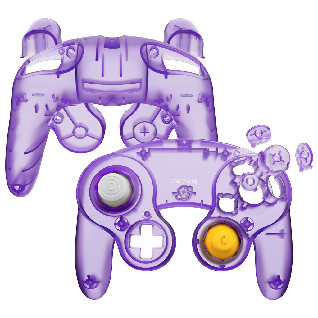Purple transparent gaming controller replacement shell kit with buttons and front and back housing pieces.