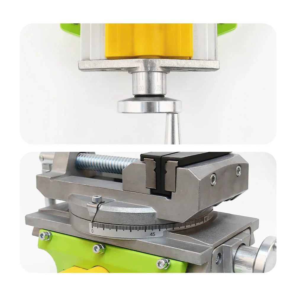 Close up views of the adjustment dials and the swivel base of the precision vise