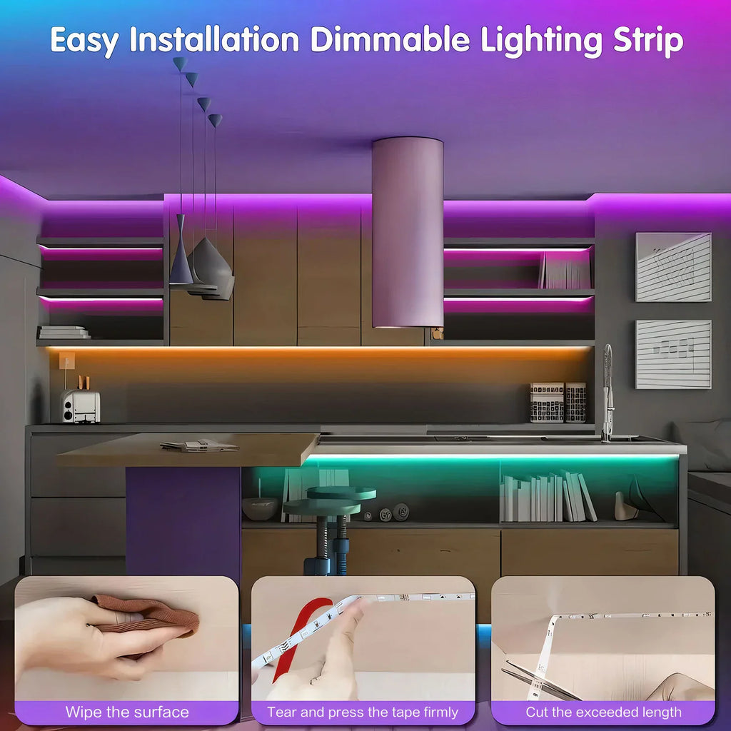 A kitchen scene with LED strips installed under cabinets, featuring three inset photos demonstrating installation steps.