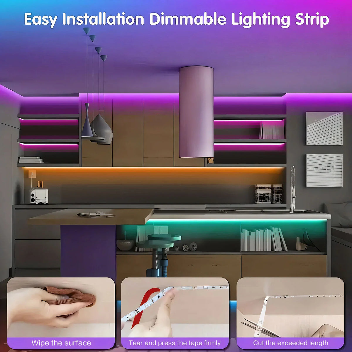 A kitchen scene with LED strips installed under cabinets, featuring three inset photos demonstrating installation steps.