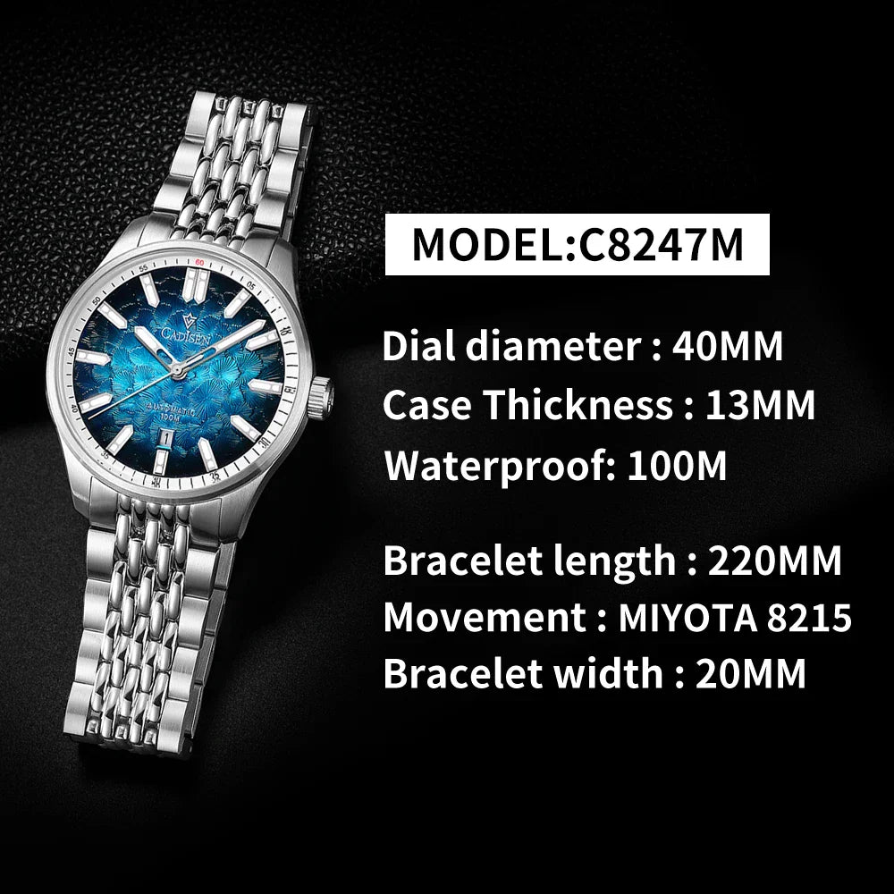 Specifications sheet for a silver automatic men's wristwatch with technical details.
