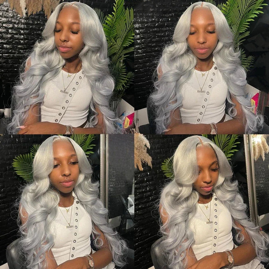 Woman wearing a long wavy silver grey lace front wig