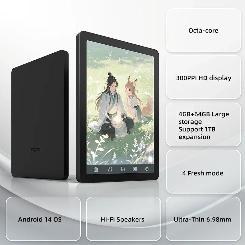 Electronic reader with feature specifications listed in text boxes.