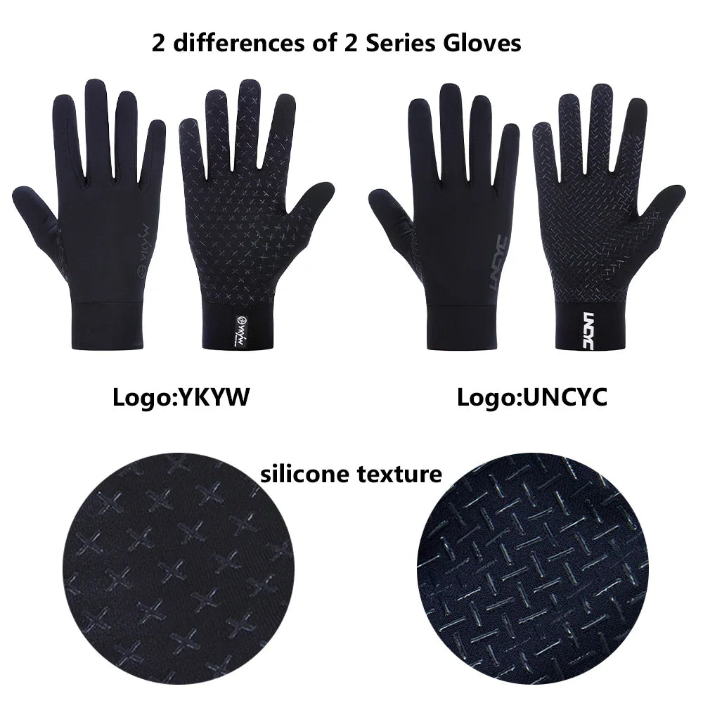 Comparison of two types of black cycling gloves showing different logos and palm grip textures.