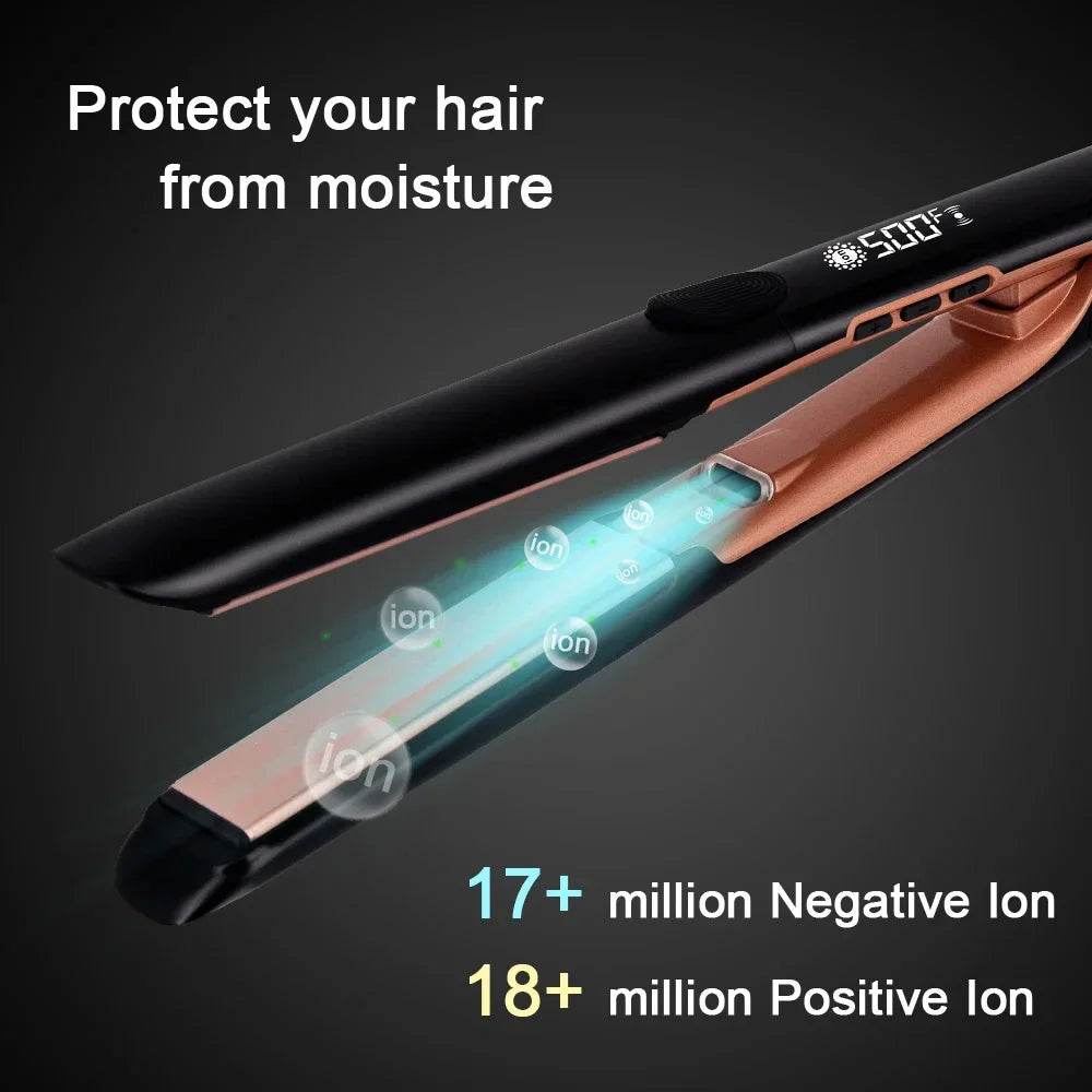 Close-up of a black and rose gold hair straightener showing ion emission