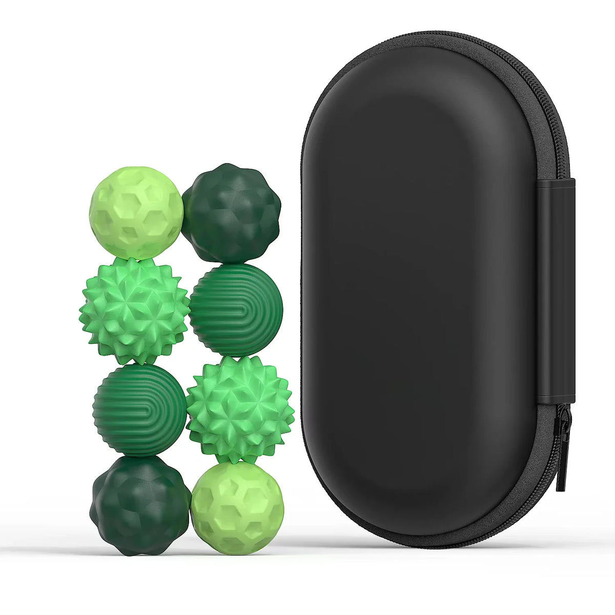 A set of green magnetic sensory fidget balls with different textures and a black storage case.