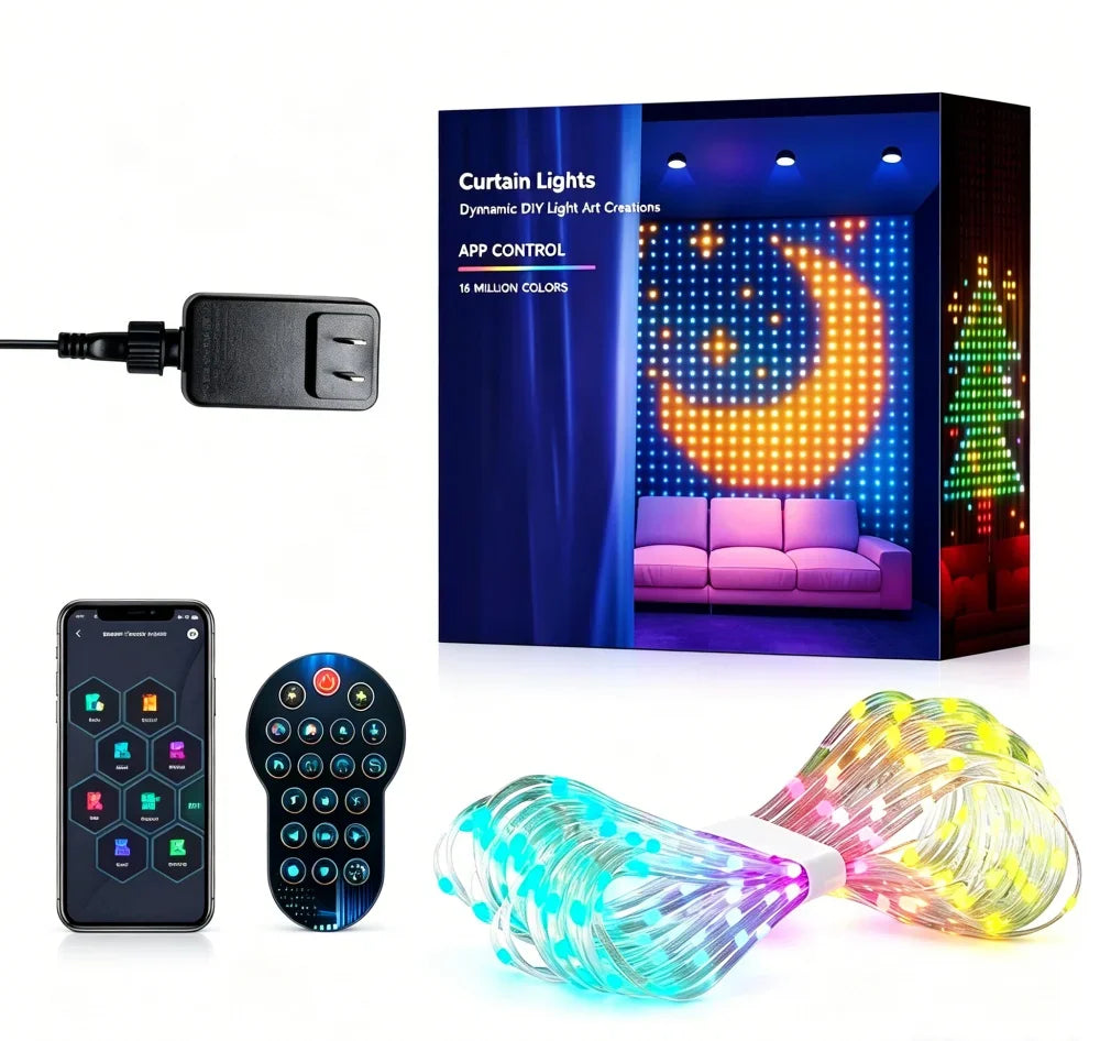 Packaging box for smart LED curtain lights with included remote, app, and power adapter.