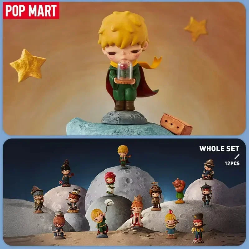 Miniature figurine of a character standing on a small planet holding a glass dome with a rose inside