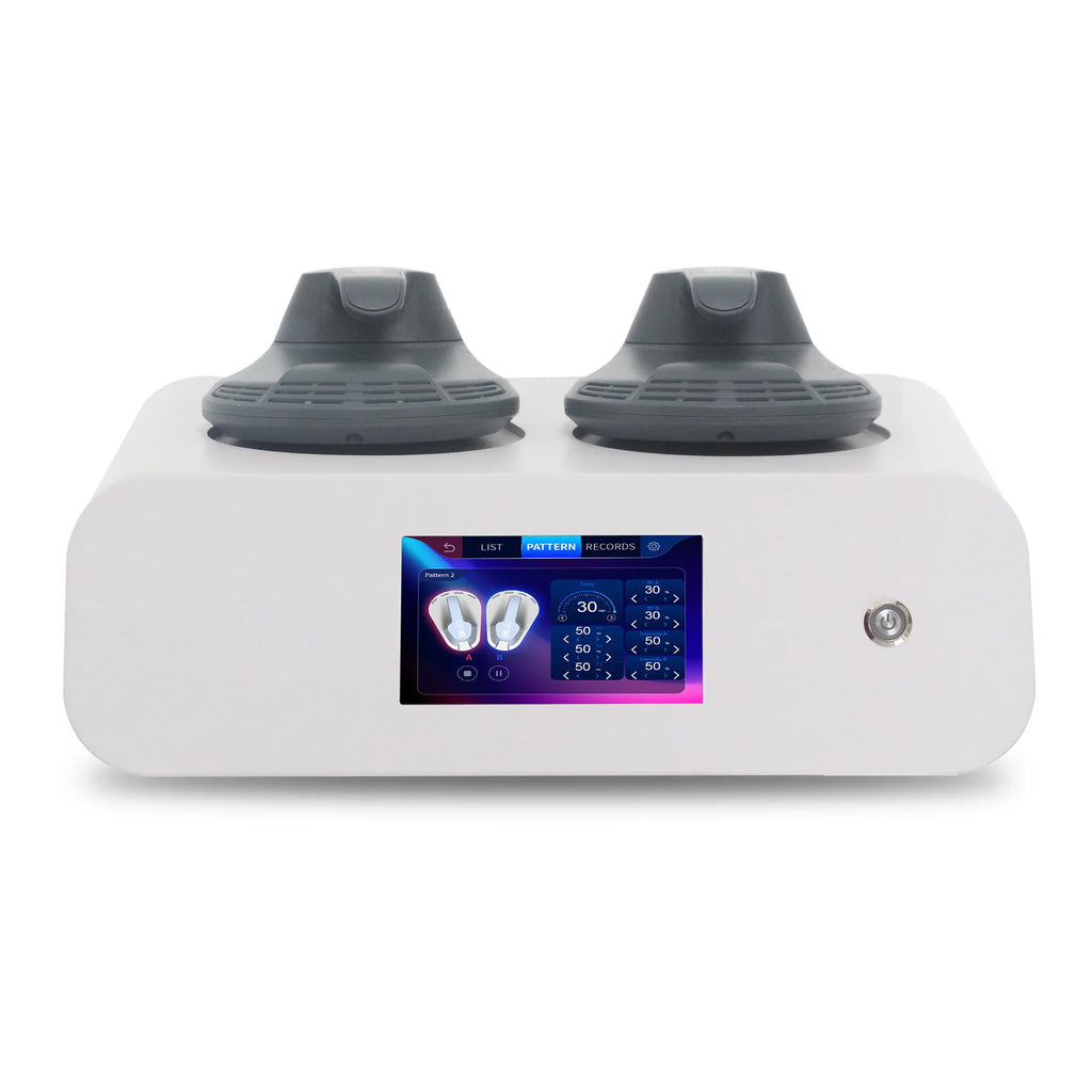 Front view of portable electromagnetic body sculpting and muscle stimulation machine with two applicators