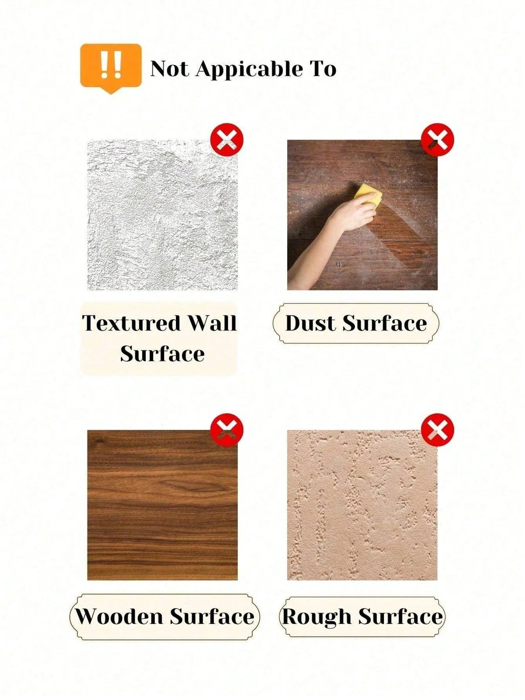 Visual guide showing surfaces unsuitable for attaching suction cup phone mounts