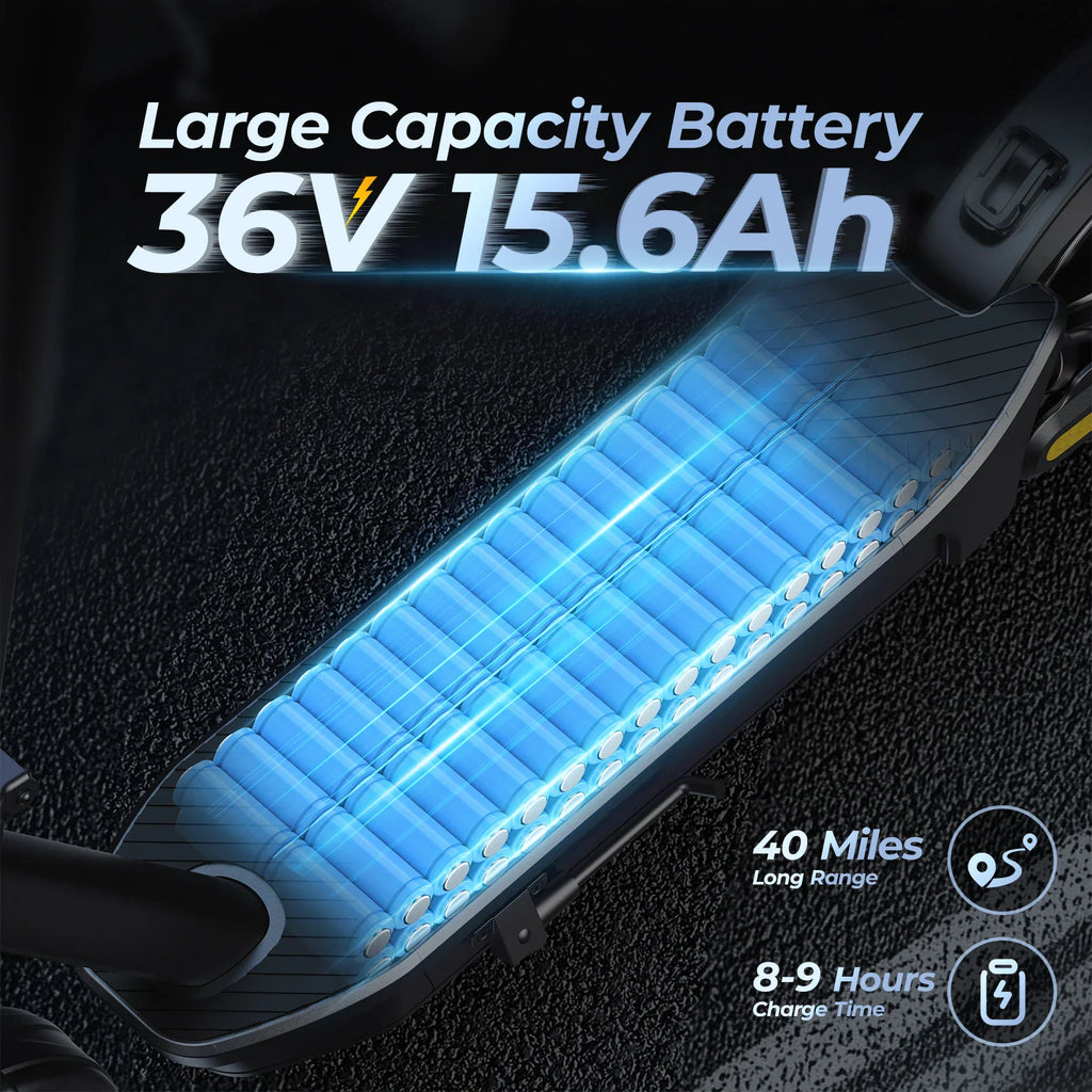 Internal battery pack view of a black electric scooter showing 36V capacity
