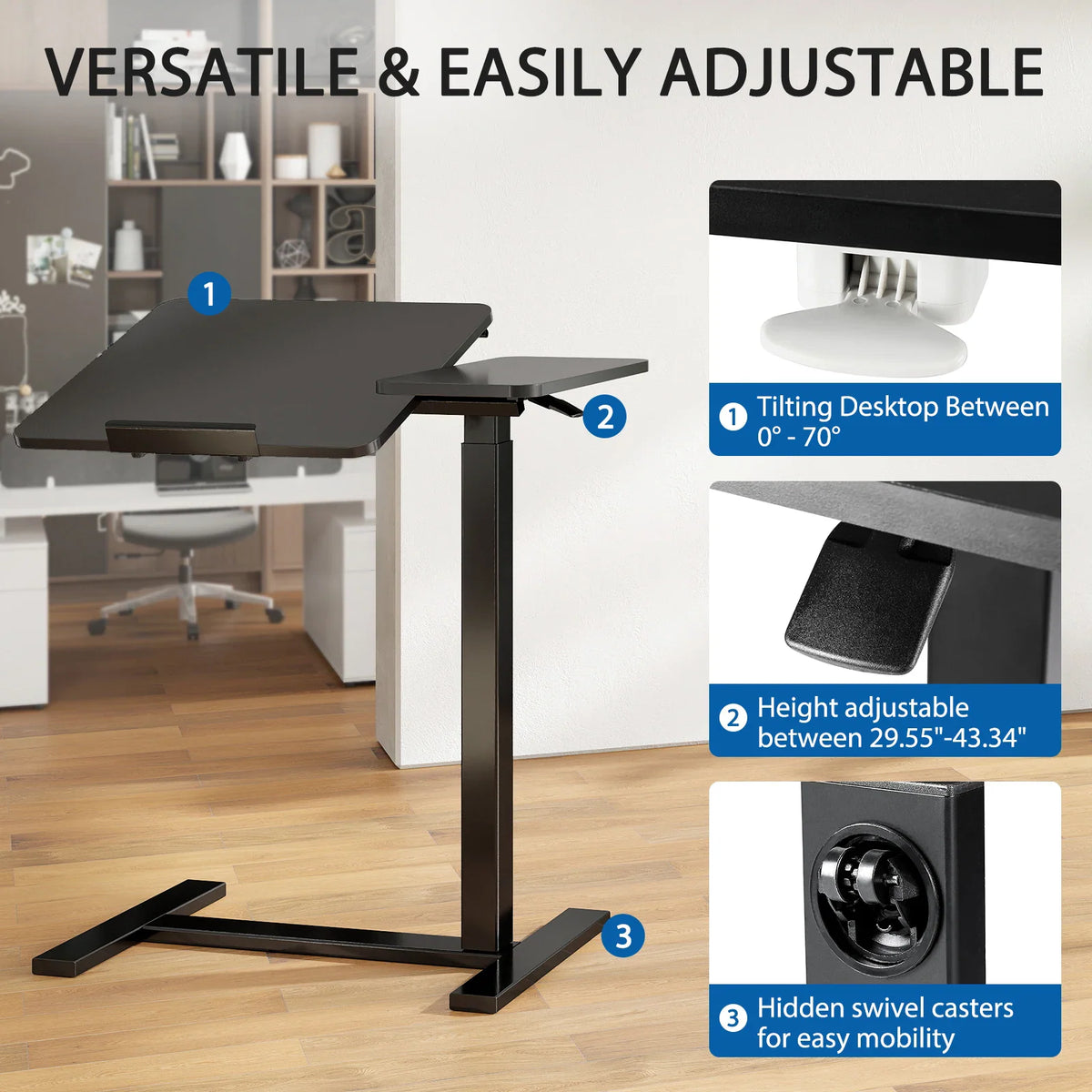 Close-up features of a black height-adjustable desk showing tilting mechanism, height lever and hidden casters.