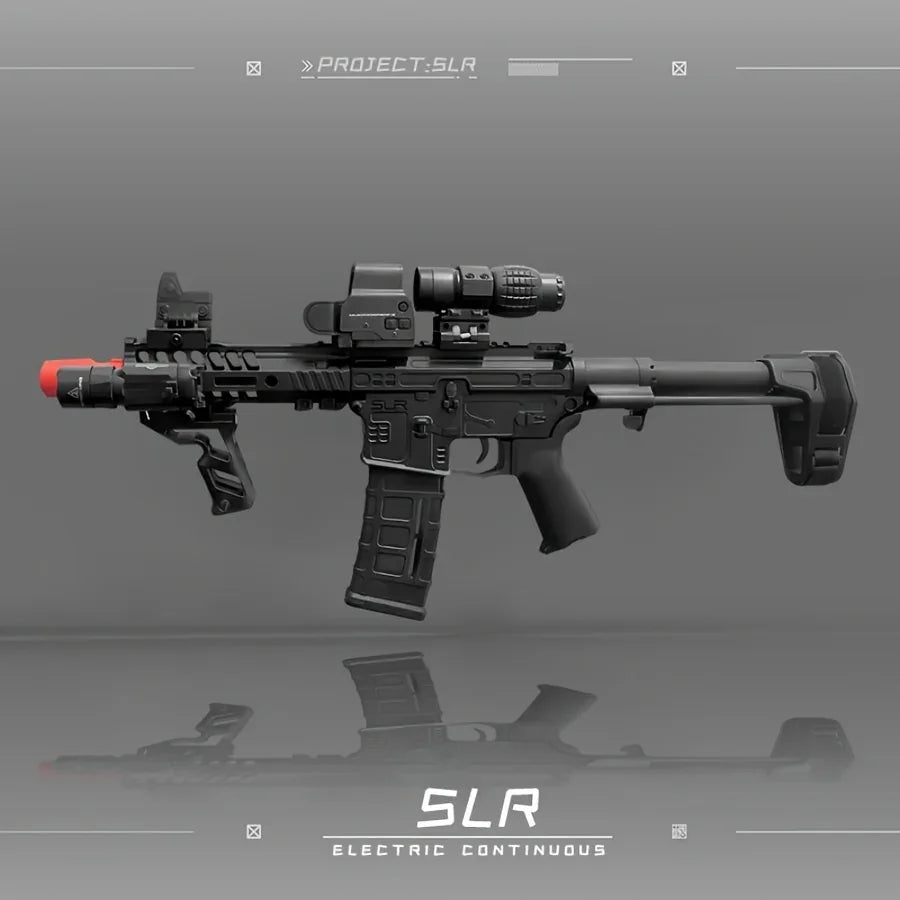 Black electric gel ball blaster rifle with orange muzzle, optic sight, and tactical grip