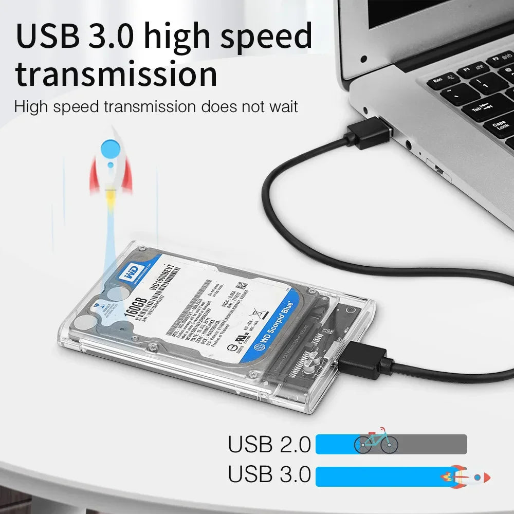 Transparent 2.5 inch hard drive enclosure connected to a laptop