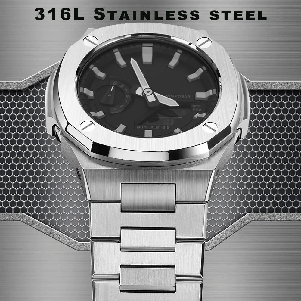 Silver stainless steel watch modification kit with metal bezel and bracelet