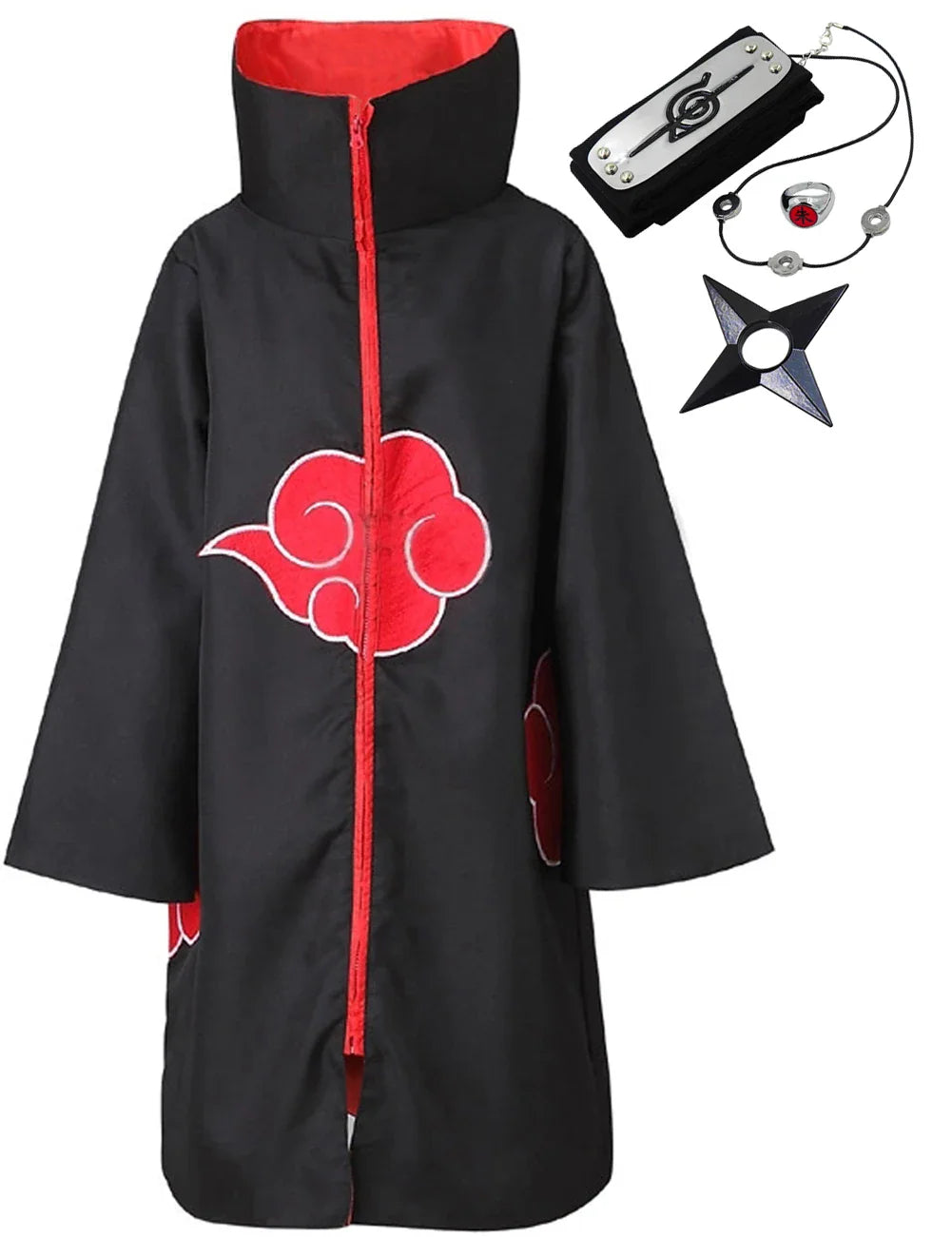 Black cloak with red cloud pattern, headband, ring, and throwing star toy for cosplay