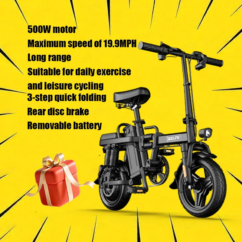 A black 14-inch folding commuter e-bike with a rear disc brake and shock-absorbing frame.
