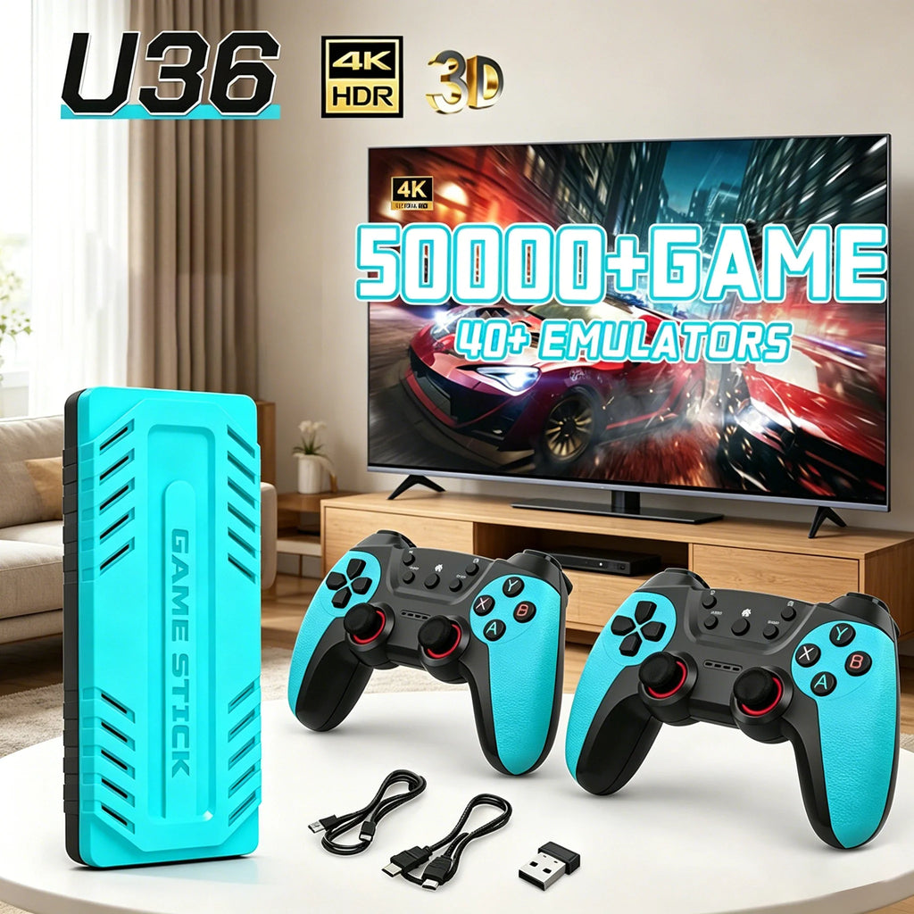 Light blue and black wireless game console set with two controllers and cables on a table