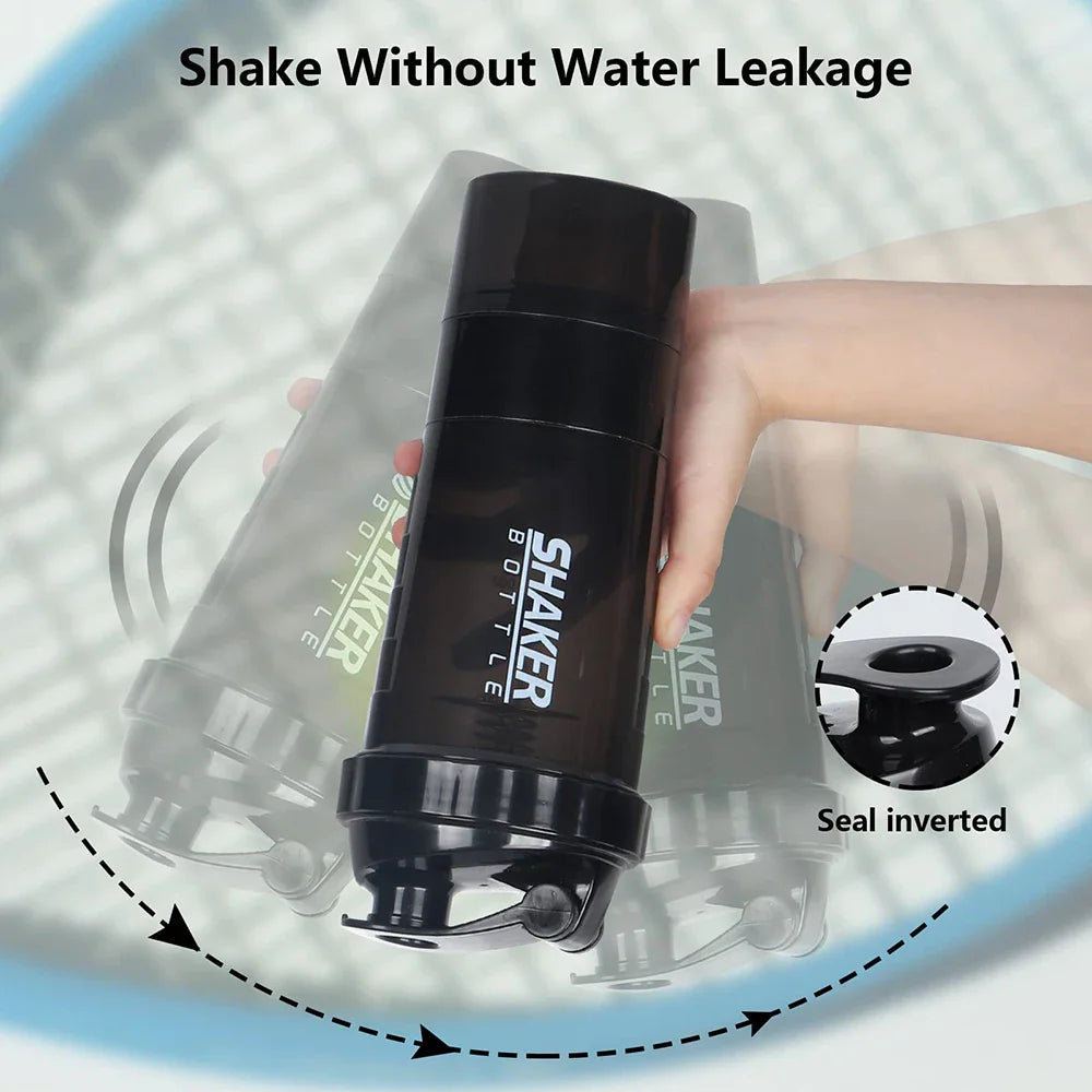 Hand shaking a black protein shaker bottle demonstrating no leakage