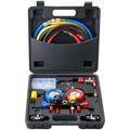 4-way manifold gauge set in a black carrying case with color-coded hoses, adapters, and tools
