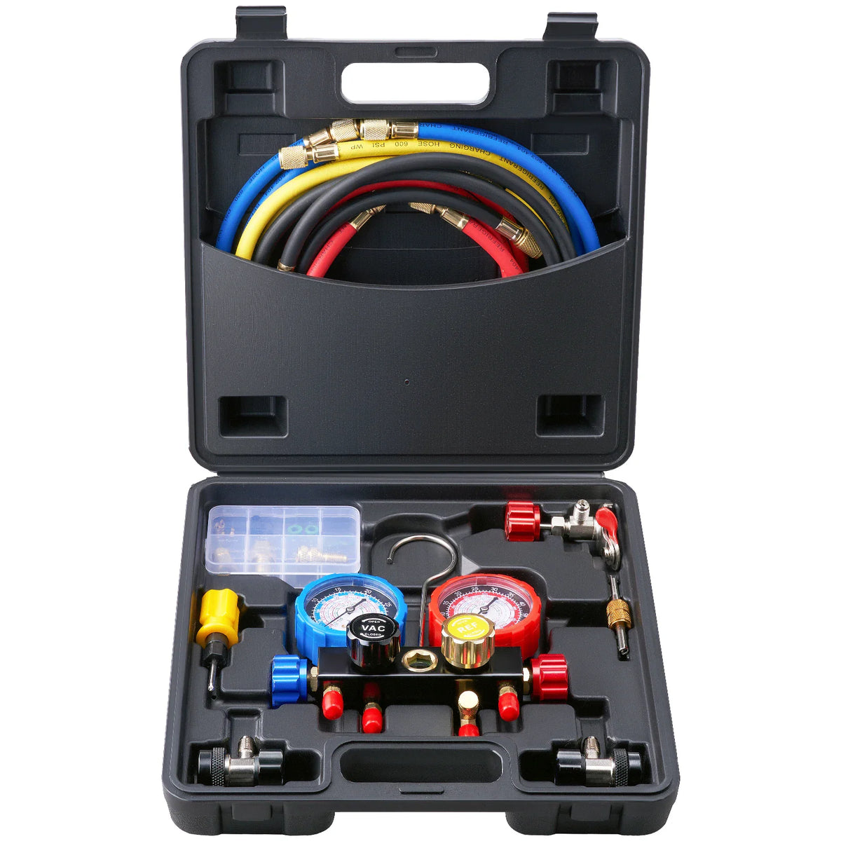 4-way manifold gauge set in a black carrying case with color-coded hoses, adapters, and tools