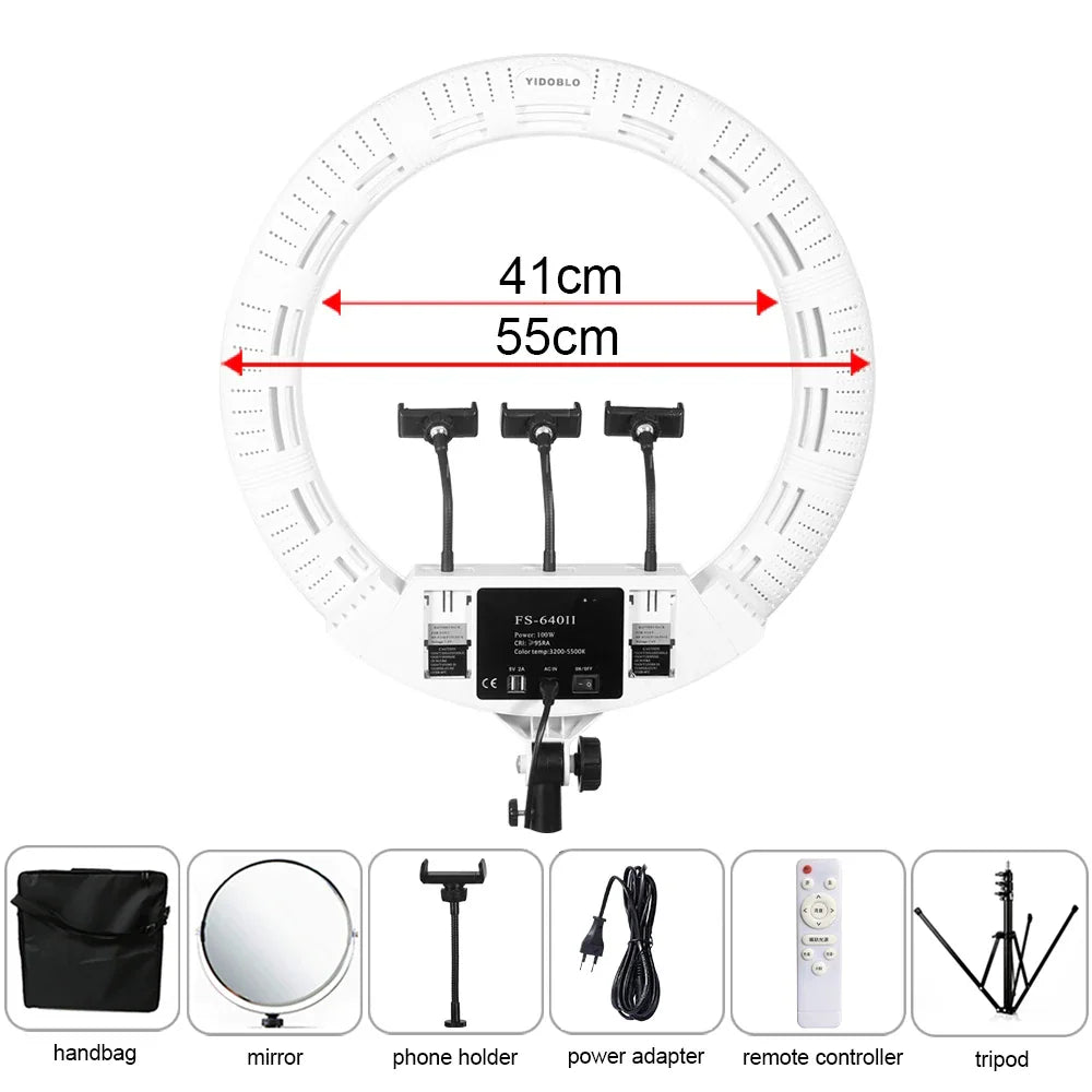 A large LED ring light showing internal dimensions and a complete list of included accessories