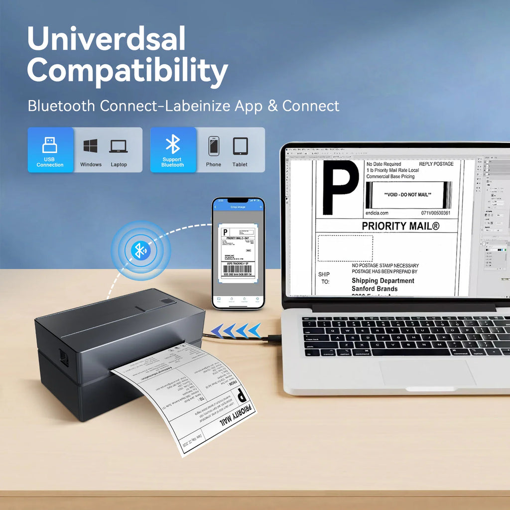 A thermal label printer connected to a laptop via USB and phone via Bluetooth