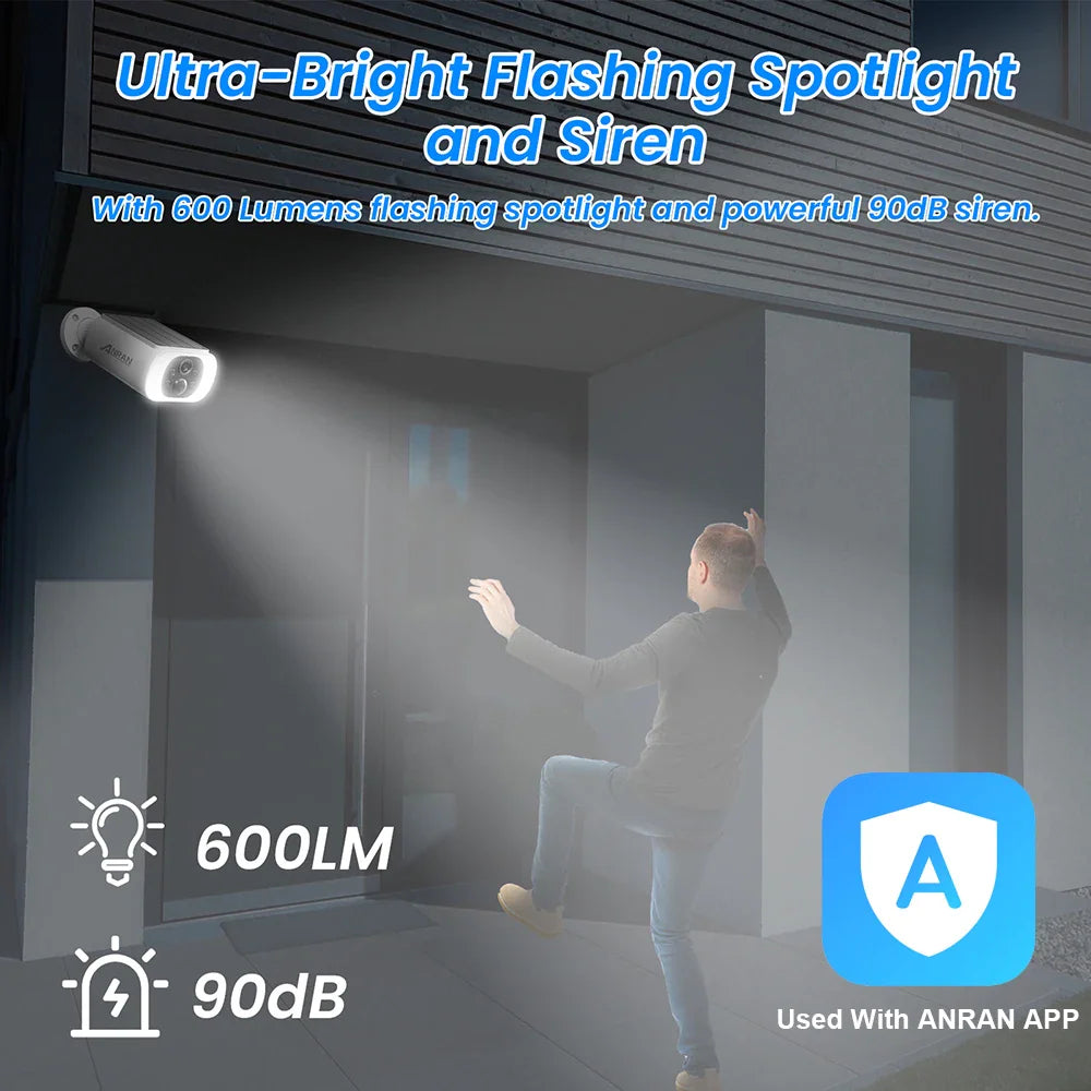 Outdoor security camera with flashing spotlight and siren features