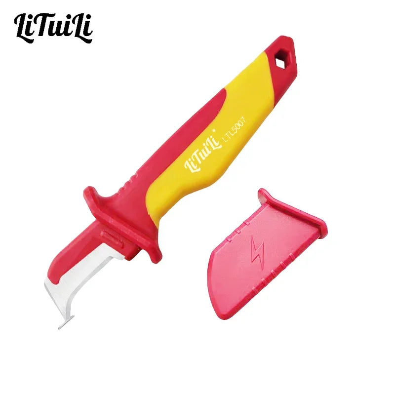 Electrician hook knife with yellow and red handle and protective cover