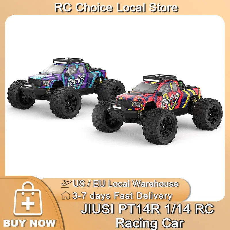 Two 1/14 scale remote control monster trucks in purple and red patterns