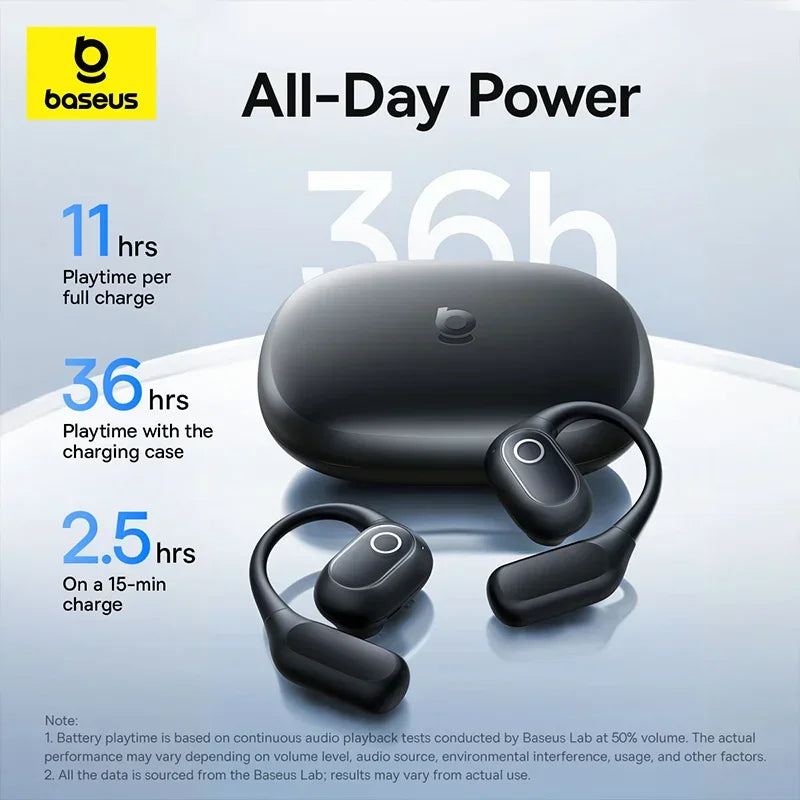 Black open-ear wireless earphones and charging case showing battery life specifications.