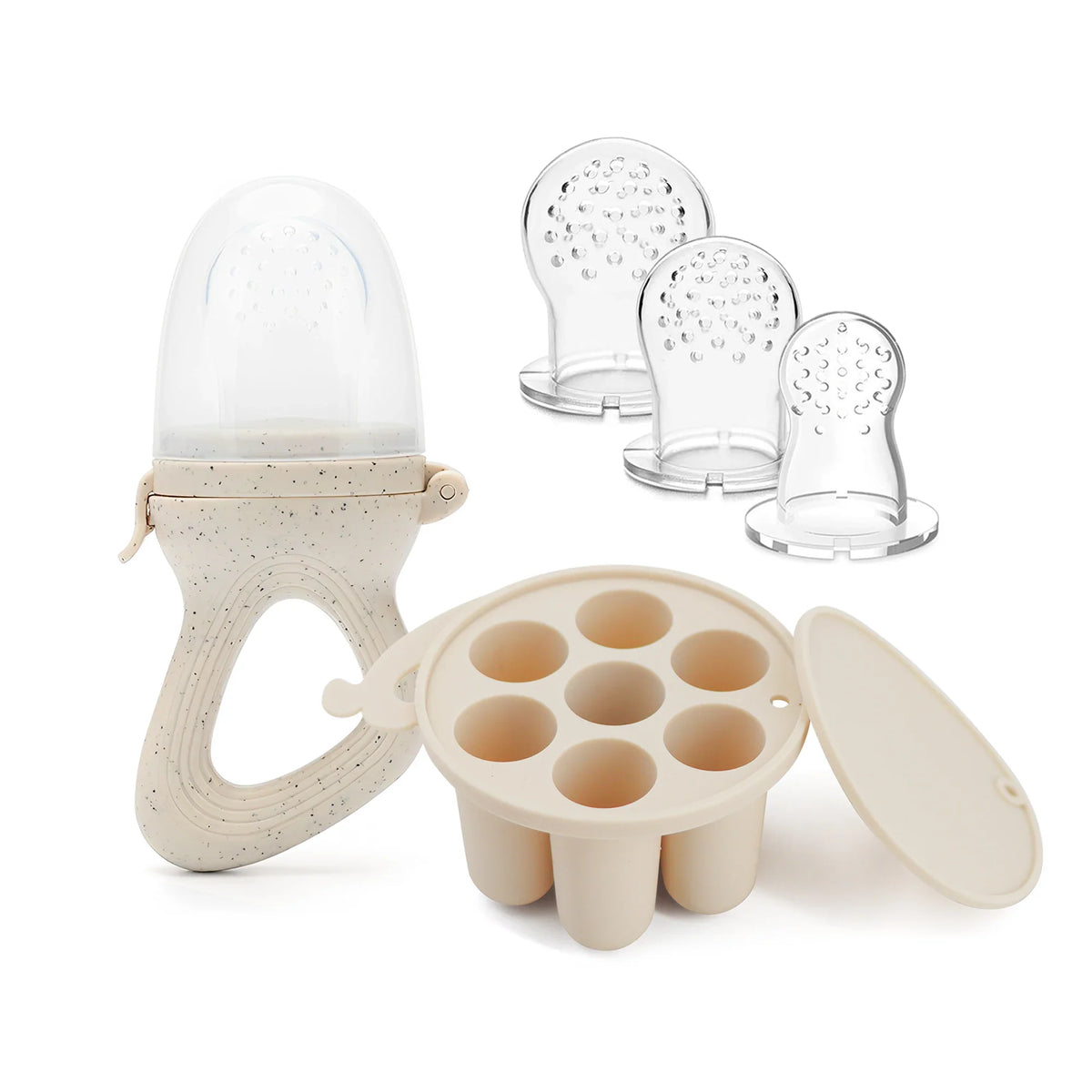 Silicone baby fruit feeder pacifier set with matching freezer food tray