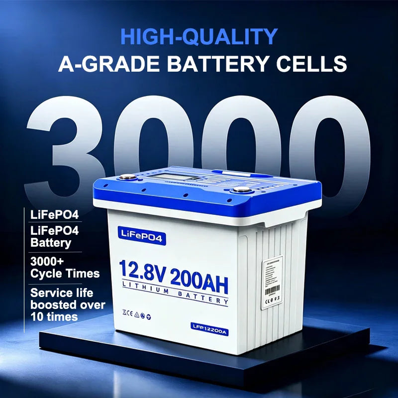 12.8V 200AH lithium battery with 3000 cycle life and high quality text overlay