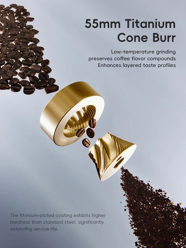 Close up of a 55mm titanium conical coffee grinder burr component with coffee beans