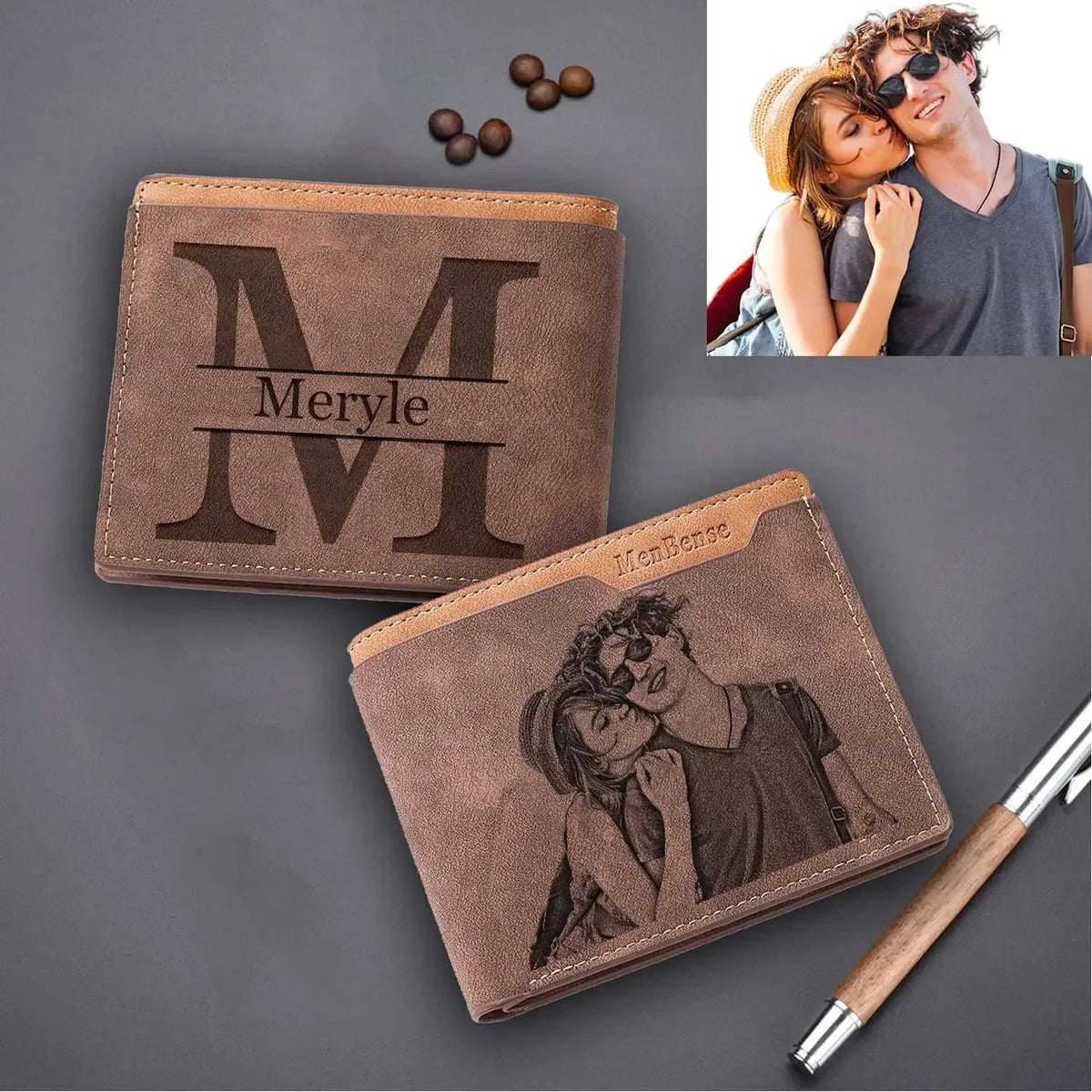 Brown leather personalized photo wallet with reference photo and metallic pen